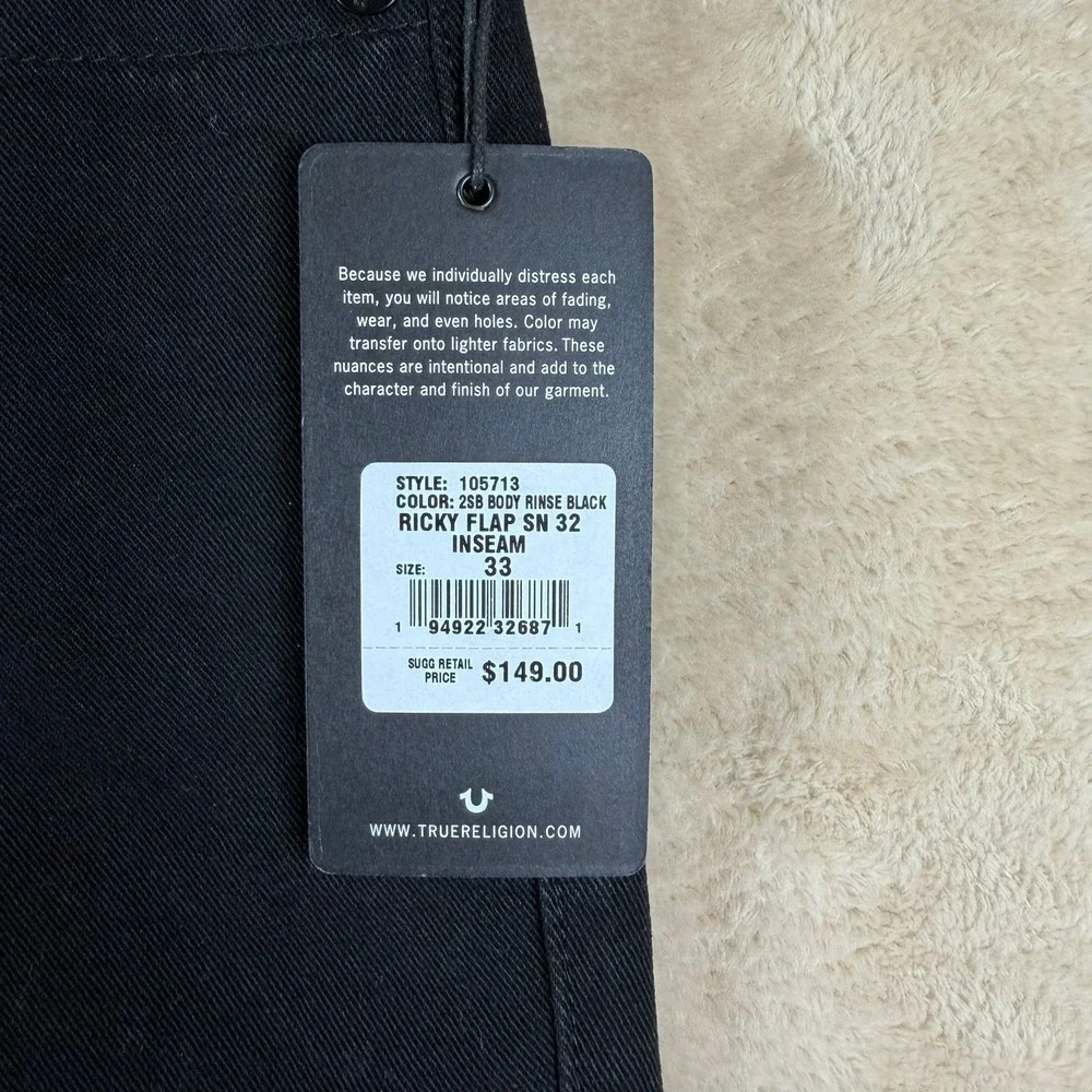 True Religion NWT Ricky Relaxed Straight Black Denim Jeans Mens 33X32‎